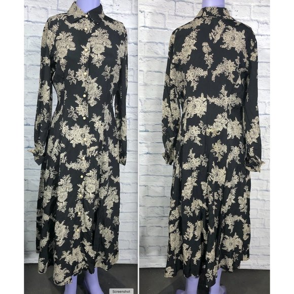 Moda Intl Long Size 6 Six Floral Boho Button Dress Rayon Made in USA Black White - Picture 1 of 12